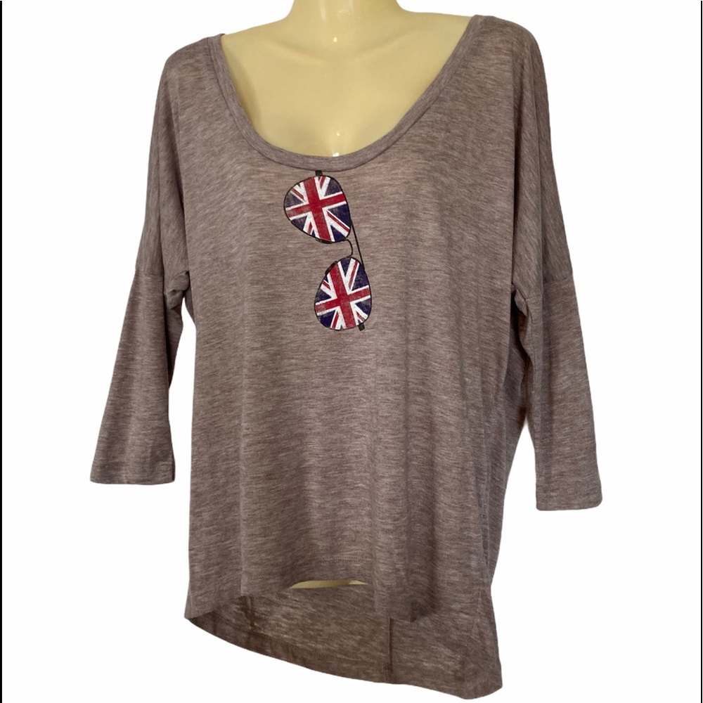 Alternative Graphic Tee Shirt Union Jack Sunglasses 3/4 Sleeve Boho Beige Small